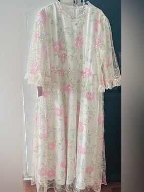 Girls Cream Floral Sequin Tulle Dress - Pink & Green Embroidery